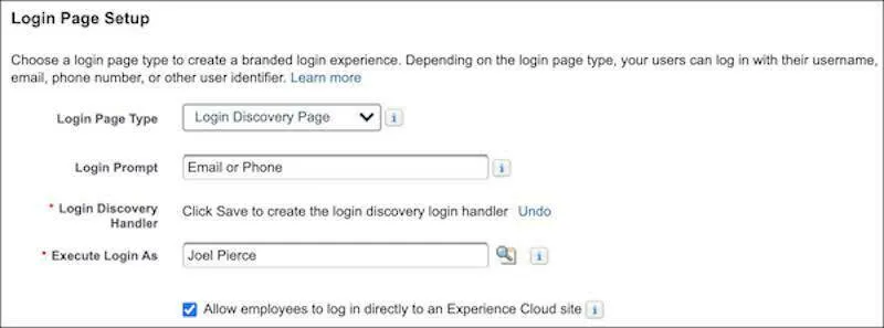 Captura de tela de opções de configuração de página de login na página Login e registro