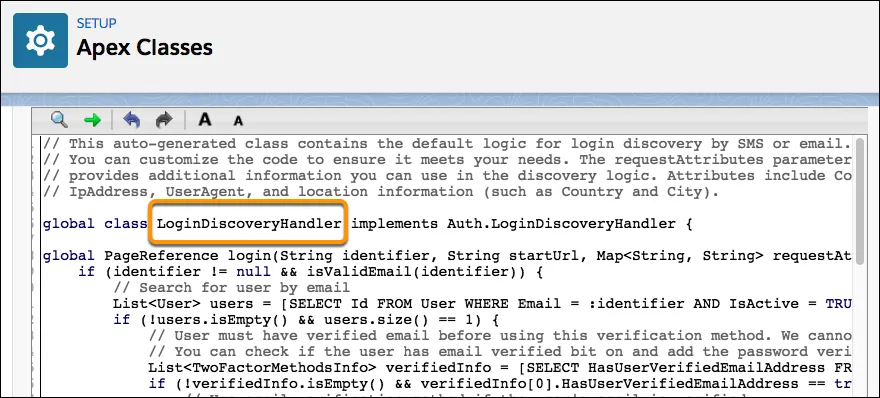 Name of the login discovery handler from Apex Classes screenshot