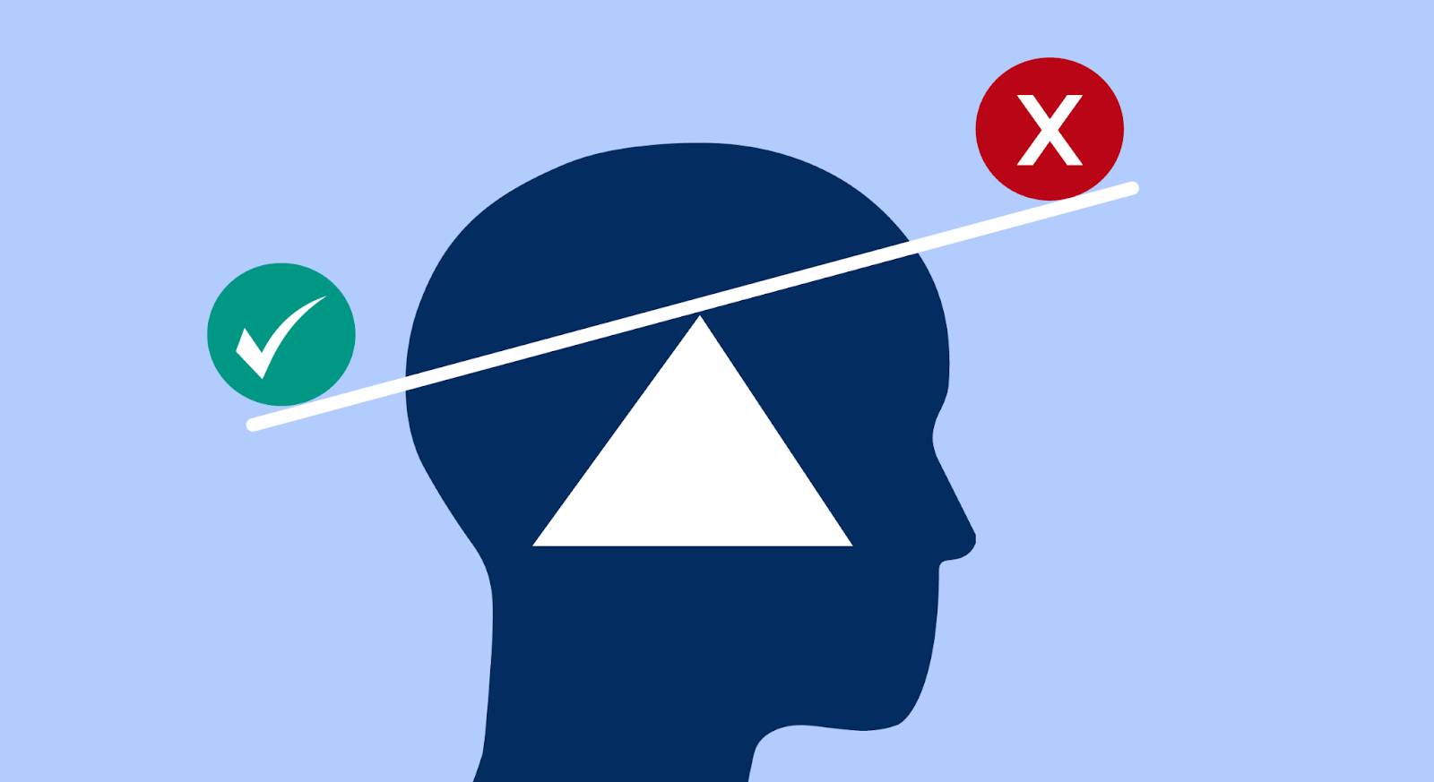 A scale balancing a checkmark and an X imposed over the silhouette of a head.