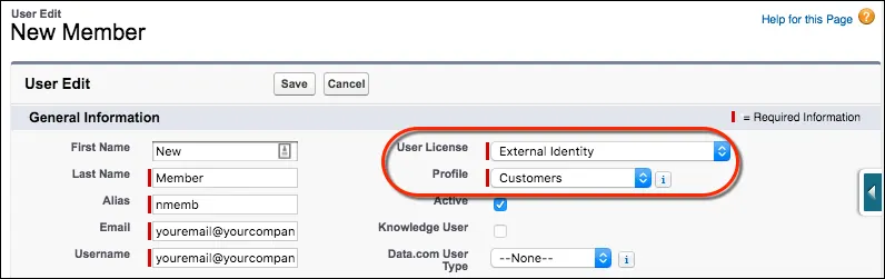User record for new customer