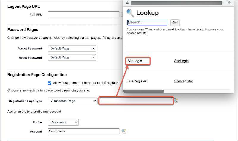 Zuweisung auf einer Visualforce-Seite namens SiteLogin auf der Seite 'Anmeldung & Registrierung'