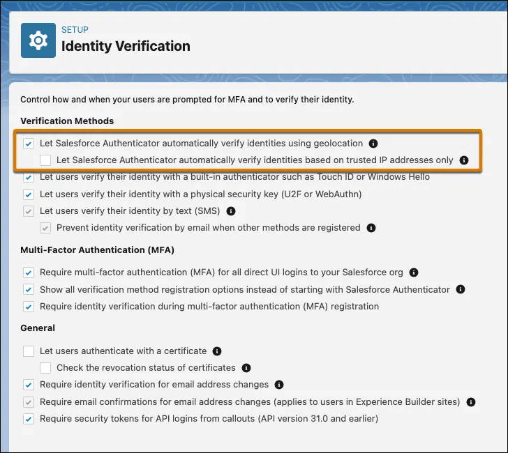 Session Settings that control location-based automated verifications