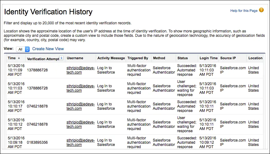 Identity Verification History screen