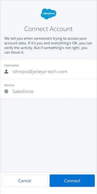 Écran Connect account (Connecter le compte) de Salesforce Authenticator.
