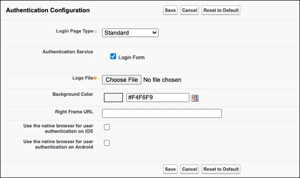 My Domain authentication configuration options.