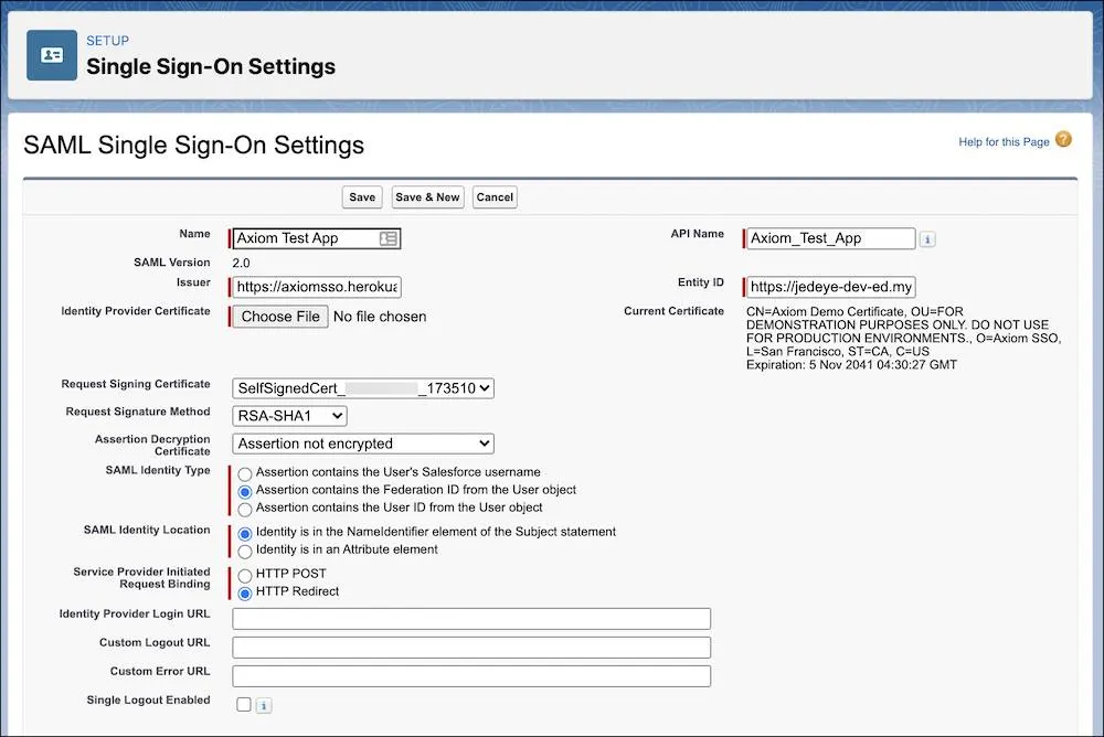 SAML single sign-on settings page with values populated.