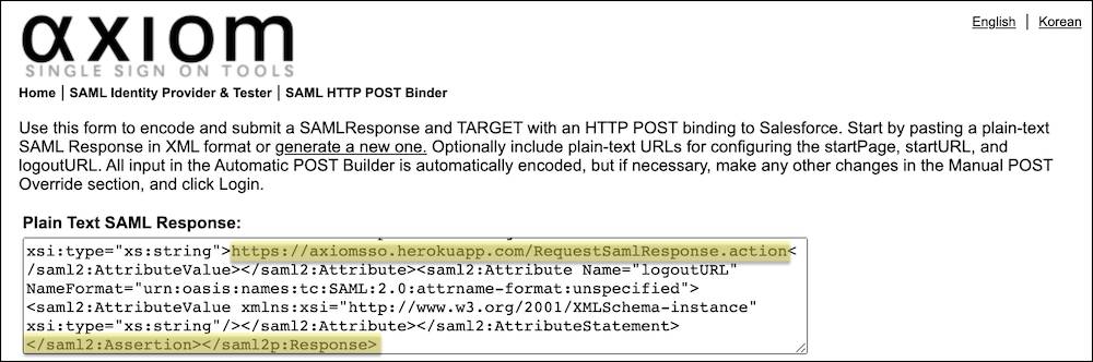 SAML response generated by Axiom