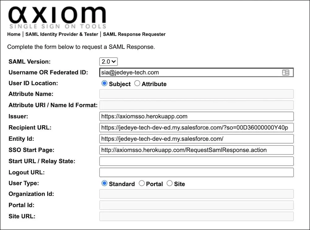 Axiom settings page with values populated.