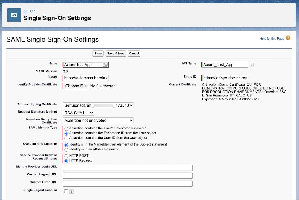 Página de configuración de inicio de sesión único