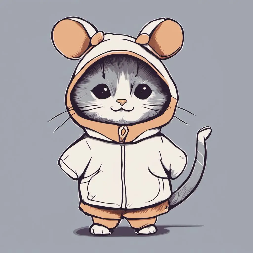 A cute, hand-drawn image of a cat wearing a mouse costume.