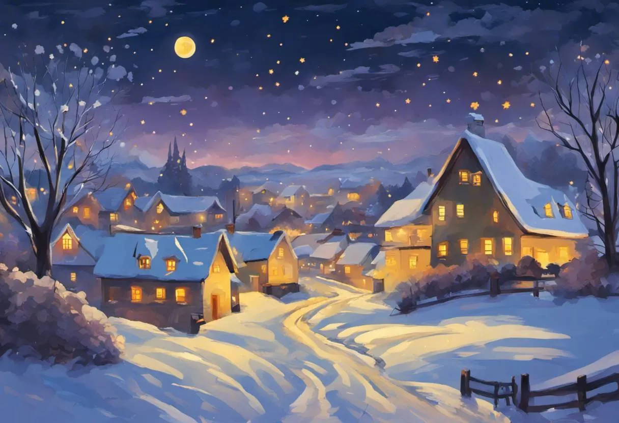 A very beautiful peaceful countryside village at night painted in the style of Impressionism