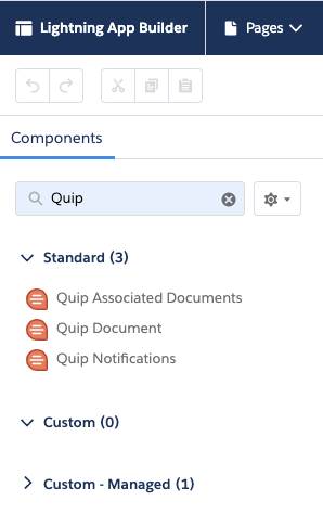 Screen view of Quip search with Quip options noted.