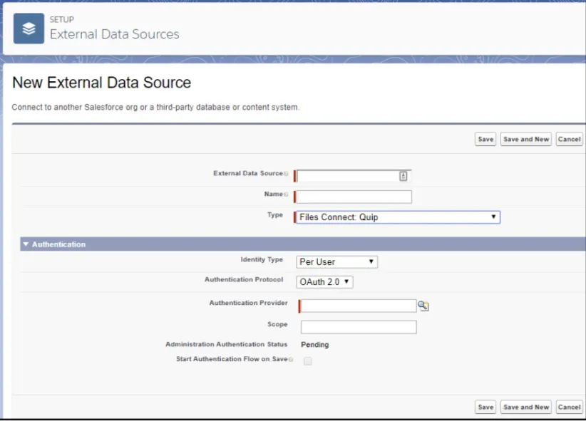 Screen view of New External Data Source page.