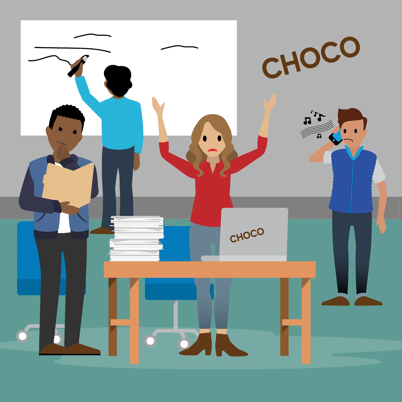 Emma, owner of Choco Chocolate Company, stands in the middle of a room looking perplexed with her hands in the air. Four other salespeople are in the room with her. One looks bored and is on hold on the phone, one has his hand on his chin and is sorting through a file folder looking lost, and the last is checking a white board looking confused.