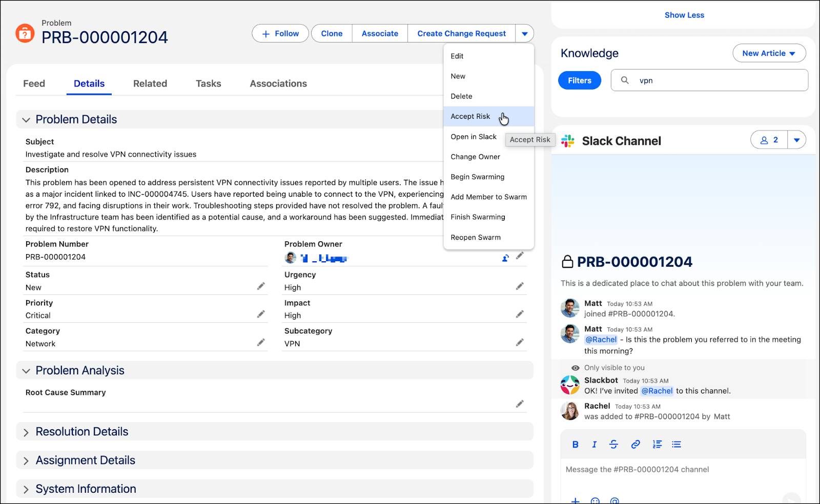 Detail view of an individual problem showing many key fields.