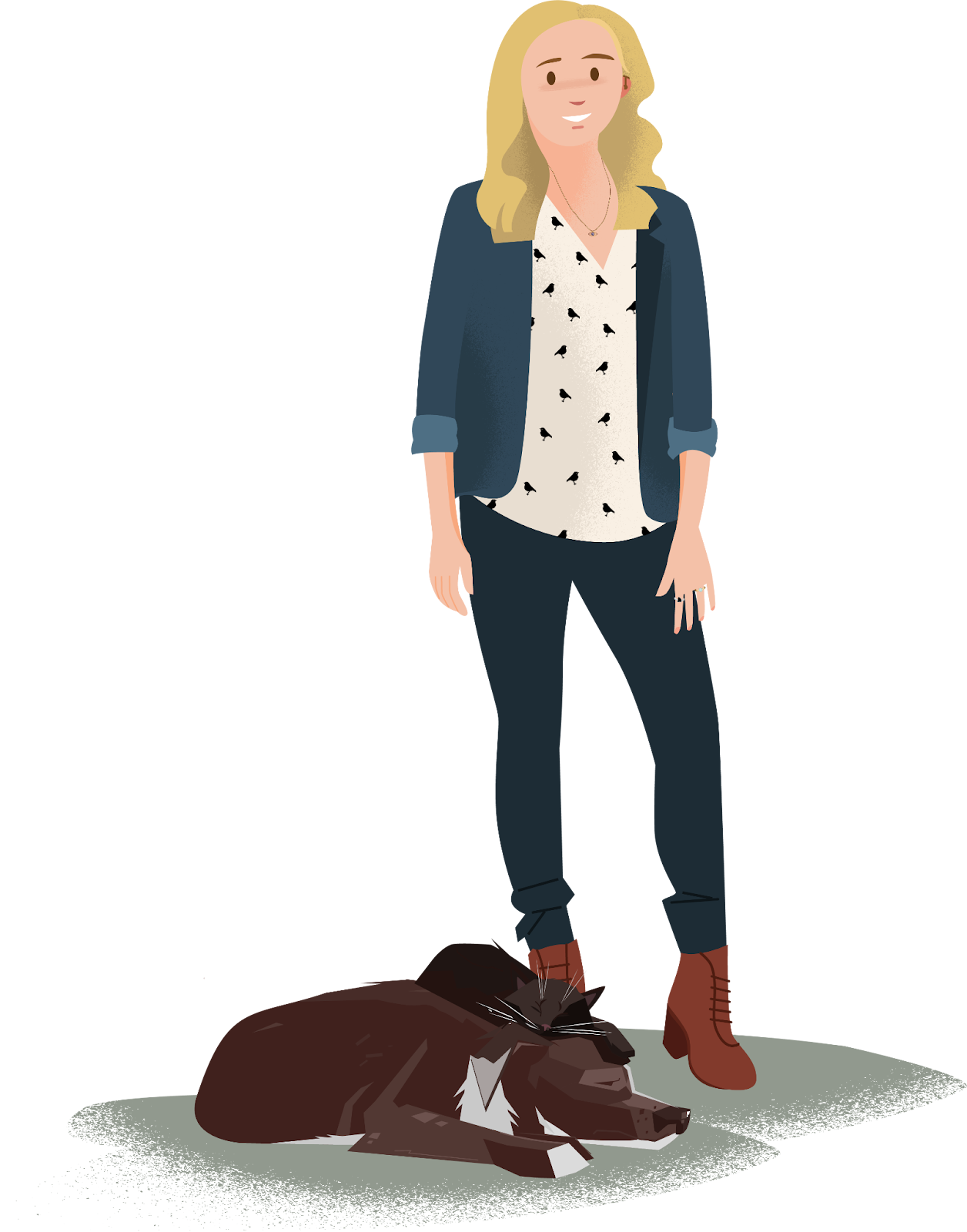Woman with blonde hair standing next to a napping dog and cat.