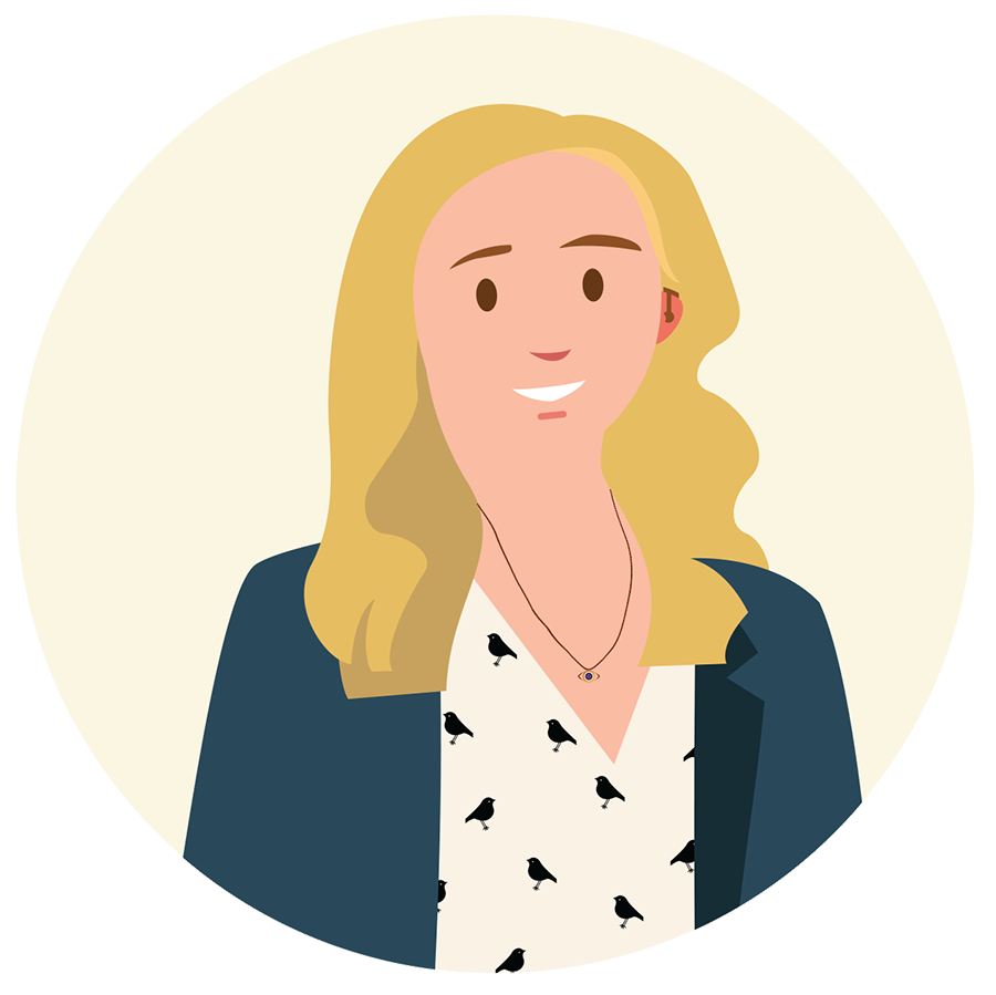 Illustration of Amy Wood, a blond woman in a blue blazer.