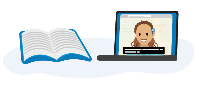 Large-print handbook and captioned video on laptop screen.