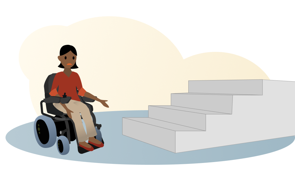 A person in a wheelchair next to a flight of stairs.
