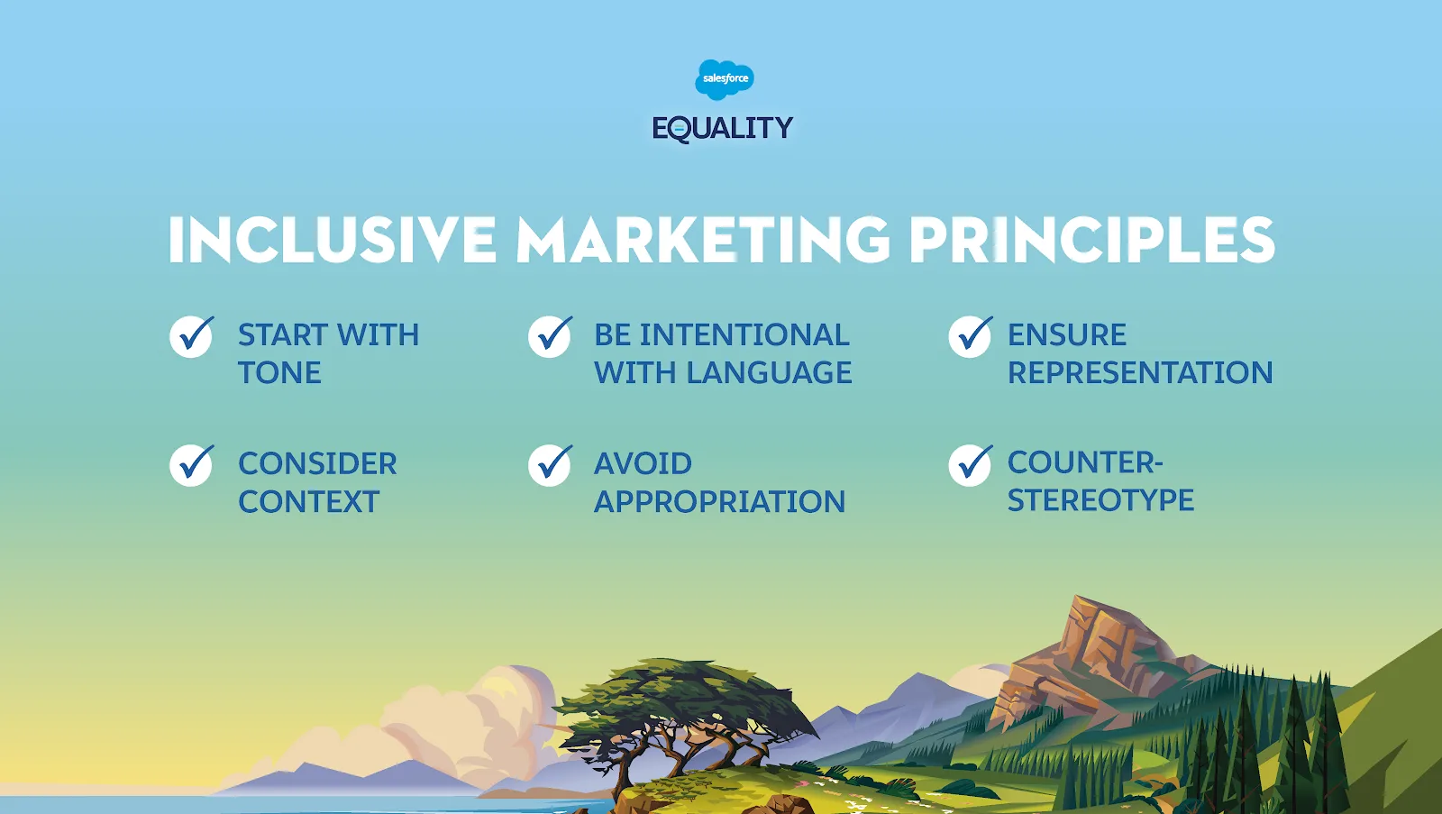 Gráfico mostrando los seis principios del marketing inclusivo que se enumeran a continuación.