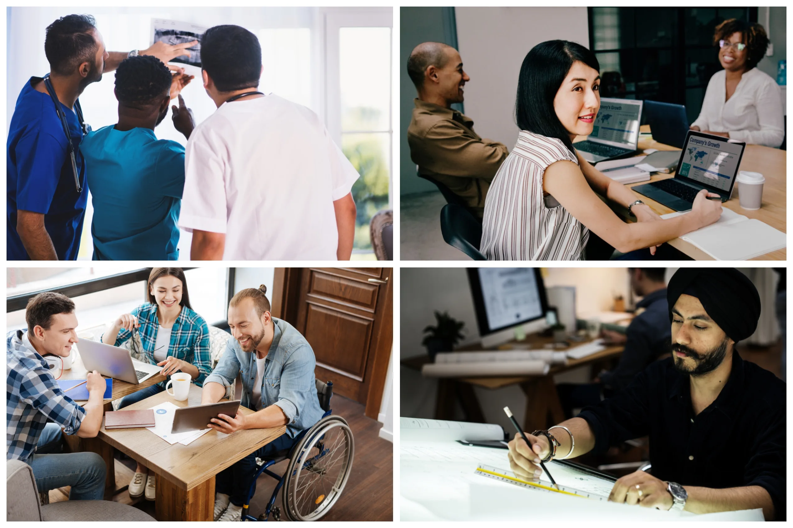 Eine Montage von Fotos, die Diversität am Arbeitsplatz zeigen, einschließlich Geschlecht, körperliche Leistungsfähigkeit und ethnischer Herkunft.