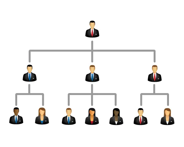 An illustration of an organization's chart with predominantly Caucasian men at the top of the chart.