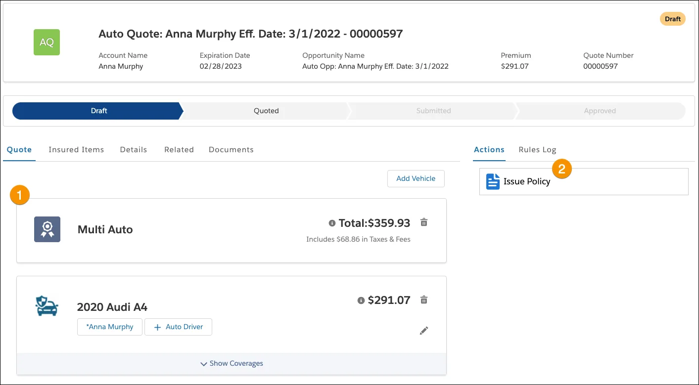 Screen capture of Ernie’s broker portal, which presents Anna’s quote details and an option to issue the policy