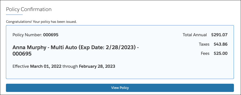 Policy confirmation screen stating that Anna’s policy has been issued