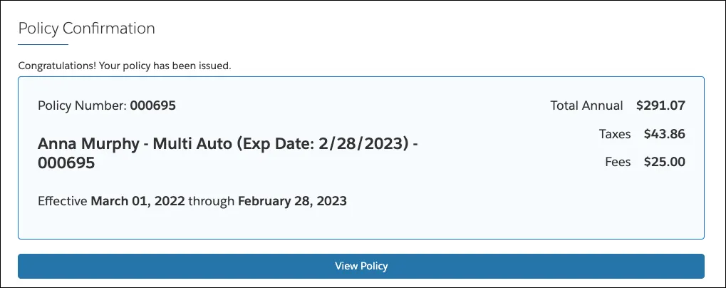 Policy confirmation screen stating that Anna’s policy has been issued