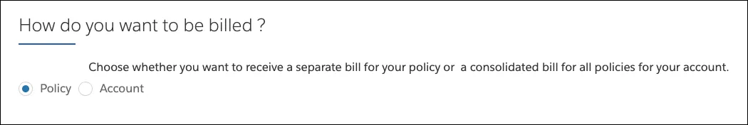 Screenshot of guided flow asking how Anna wants to be billed, with Policy selected