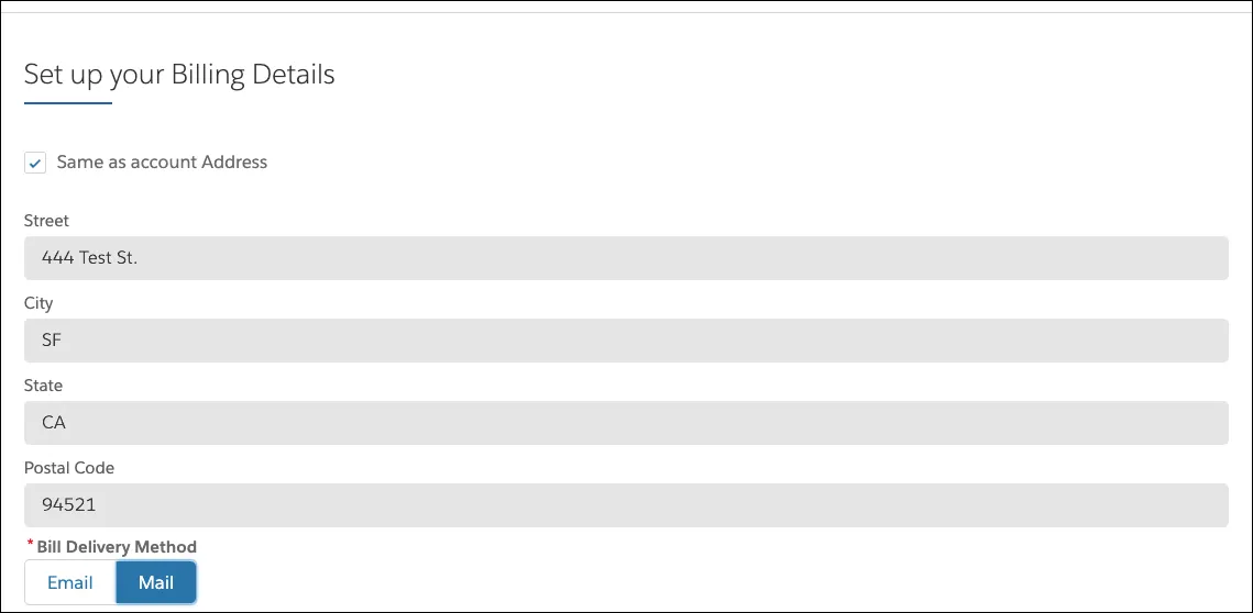 Screenshot with billing details populated based on Anna’s account details