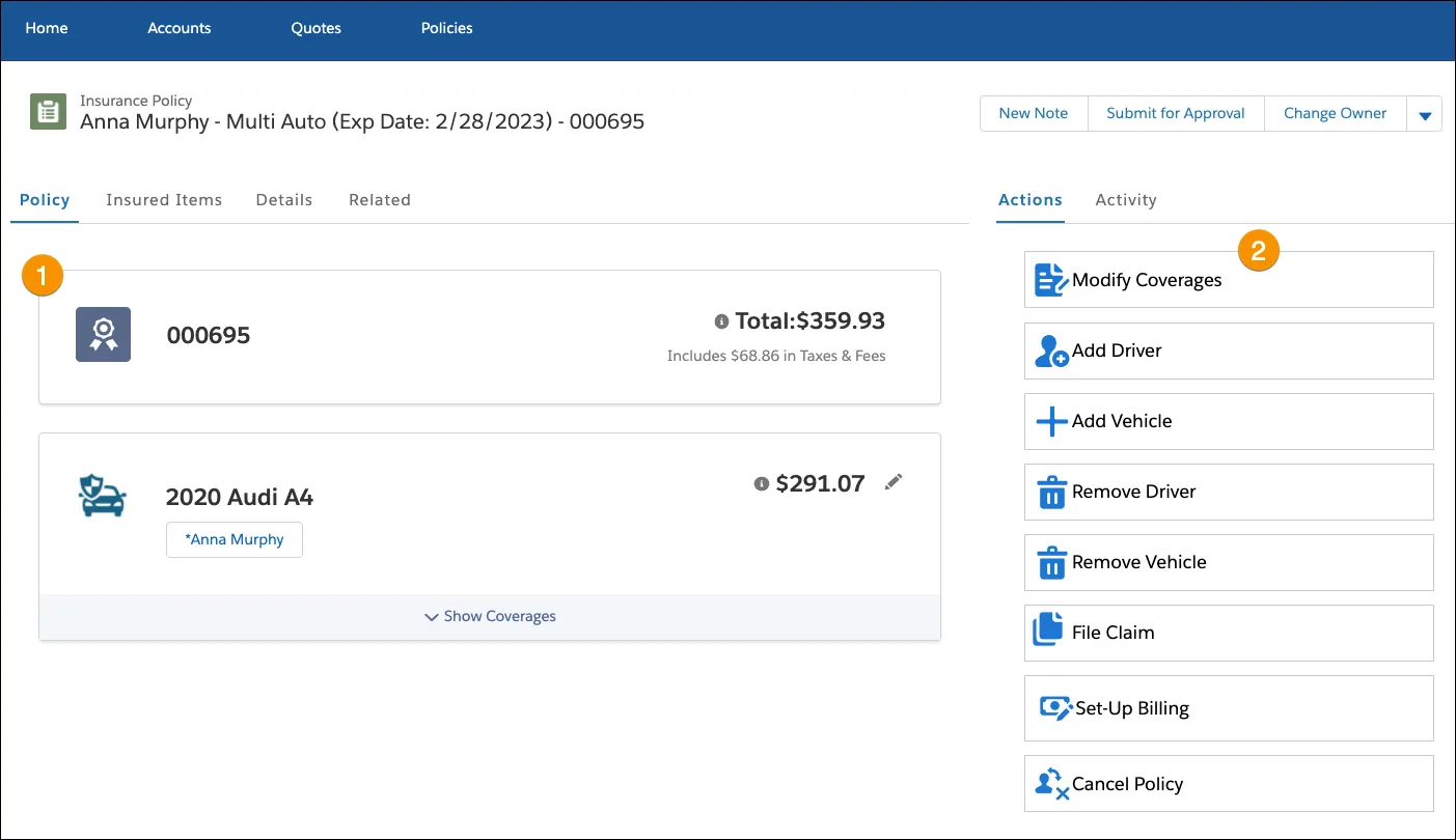 Screenshot of Anna’s new policy record, with details about the policy actions to take