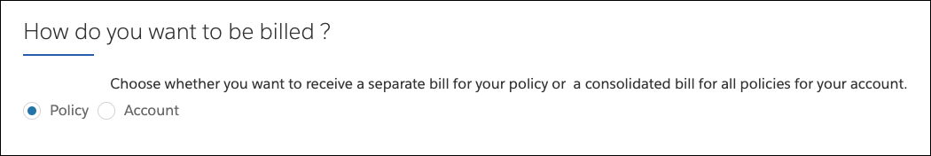Screenshot of guided flow asking how Anna wants to be billed, with Policy selected