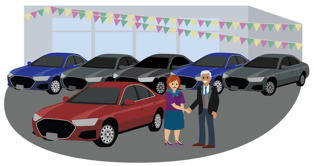 Anna Murphy at an auto dealership, purchasing a luxury sedan