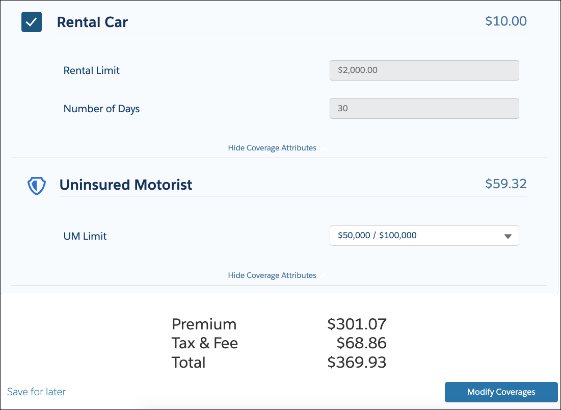 Screenshot of Lightning web component displaying updated premium after rental car rider is added