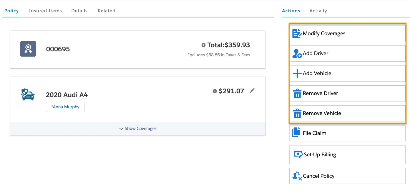 Screenshot of policyholder portal with endorsement actions highlighted