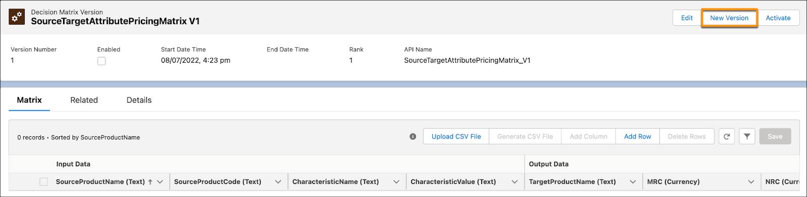 The New Version button in the SourceTargetAttributePricingMatrix V1 decision matrix.