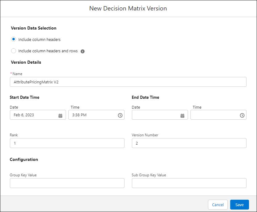 The New Decision Matrix Version window.