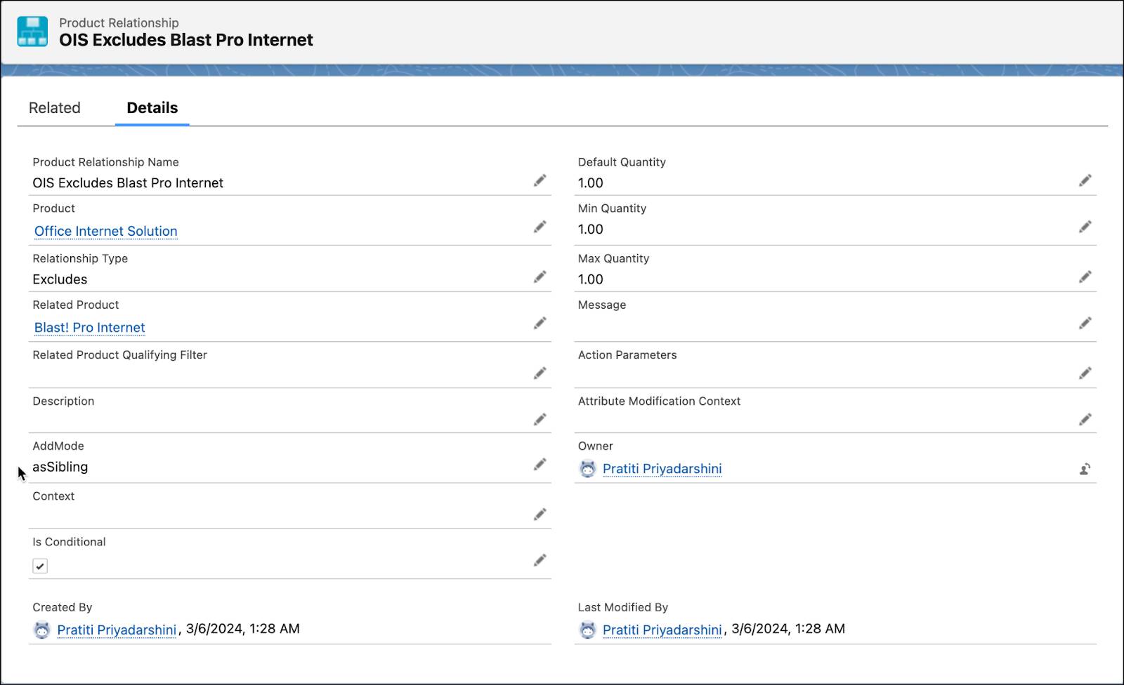 The Details page of the OIS Excludes Blast Pro Internet product relationship.