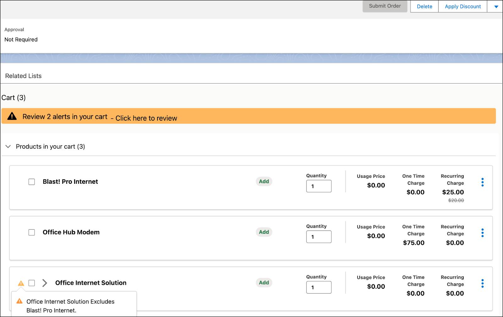 The alert for the Excludes product relationship in the Cart.
