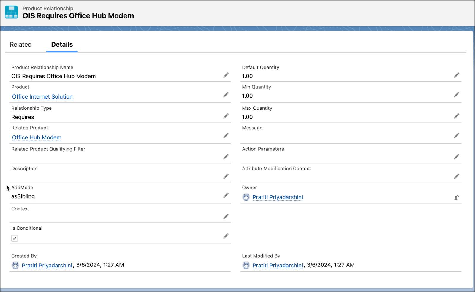 The Details page of the OIS Requires Office Hub Modem product relationship.