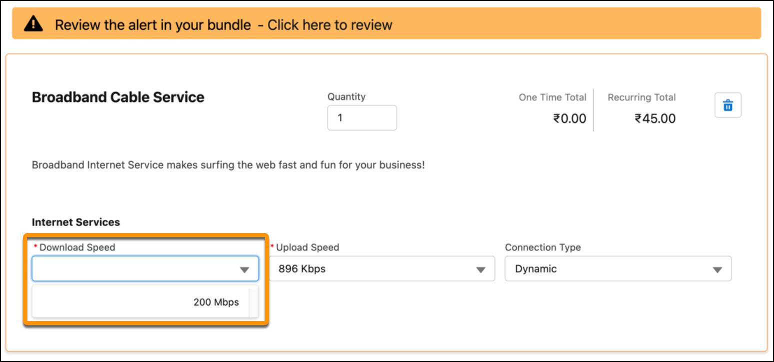 The Download Speed attribute of the Broadband Cable Service product showing only 200 Mbps as a picklist value.