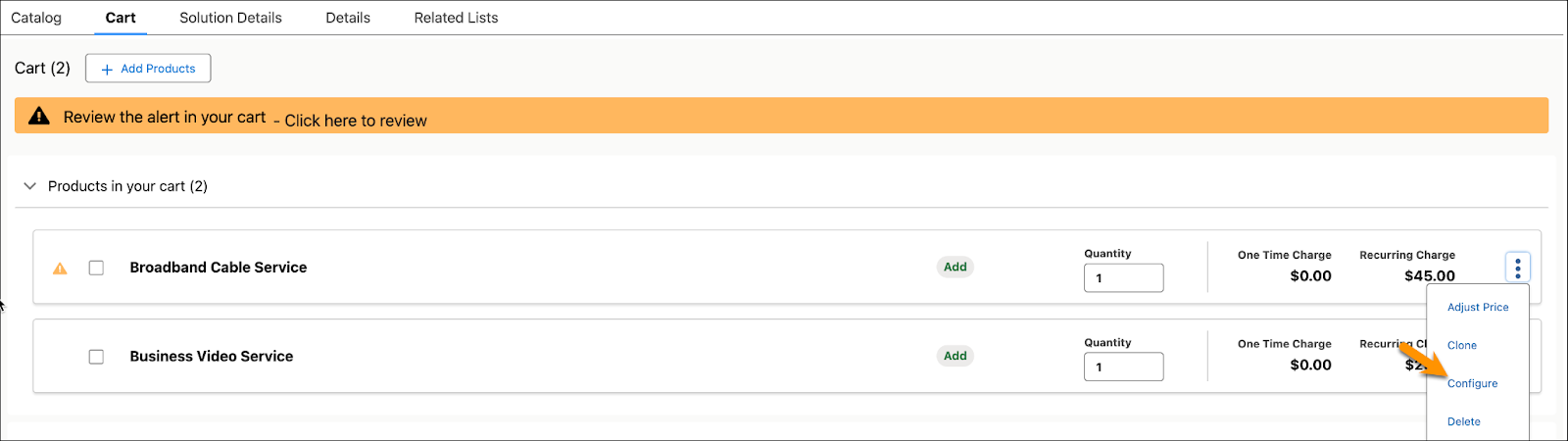 The alert indicating a missing attribute configuration for the Broadband Cable Service product.