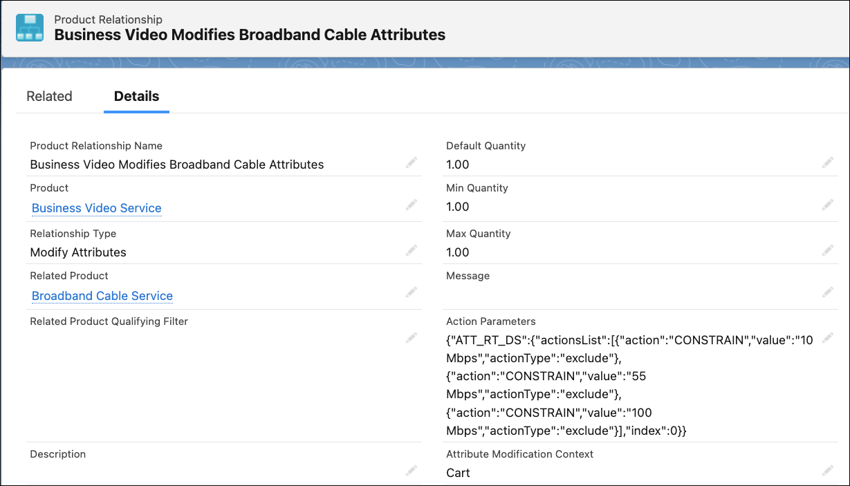 The newly created product relationship details page.