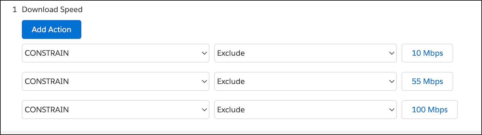 The three actions to exclude 10 Mbps, 55 Mbps, and 100 Mbps from the Download Speed attribute.