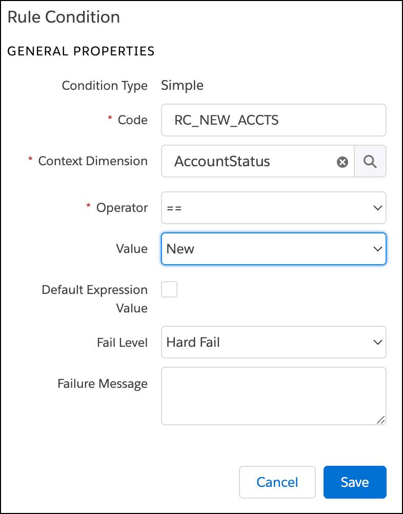 A newly created rule condition that filters by account status to show only new accounts.