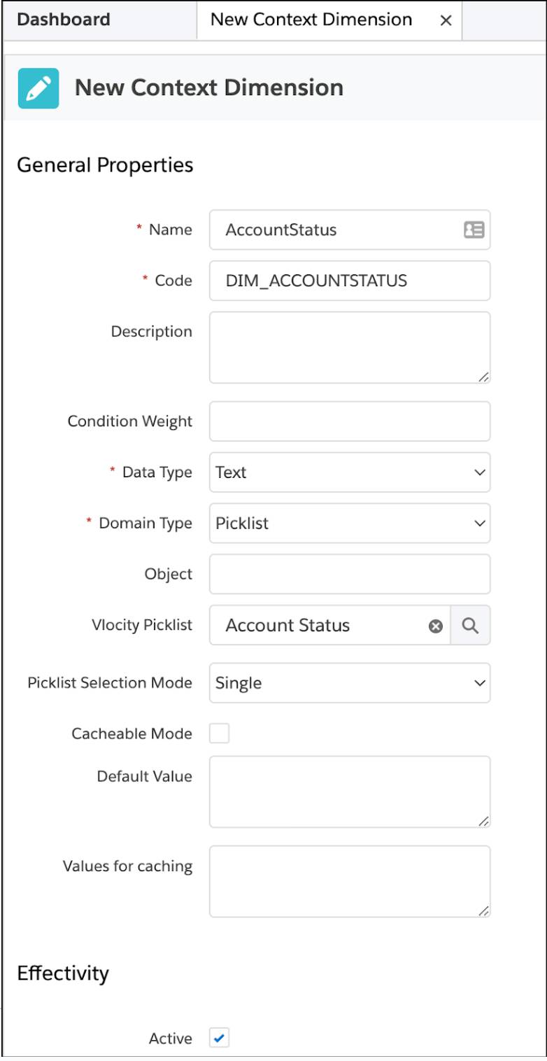 The New Context Dimension page with details filled in.