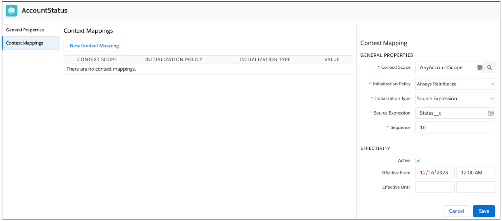The Context Mappings page with details filled in.