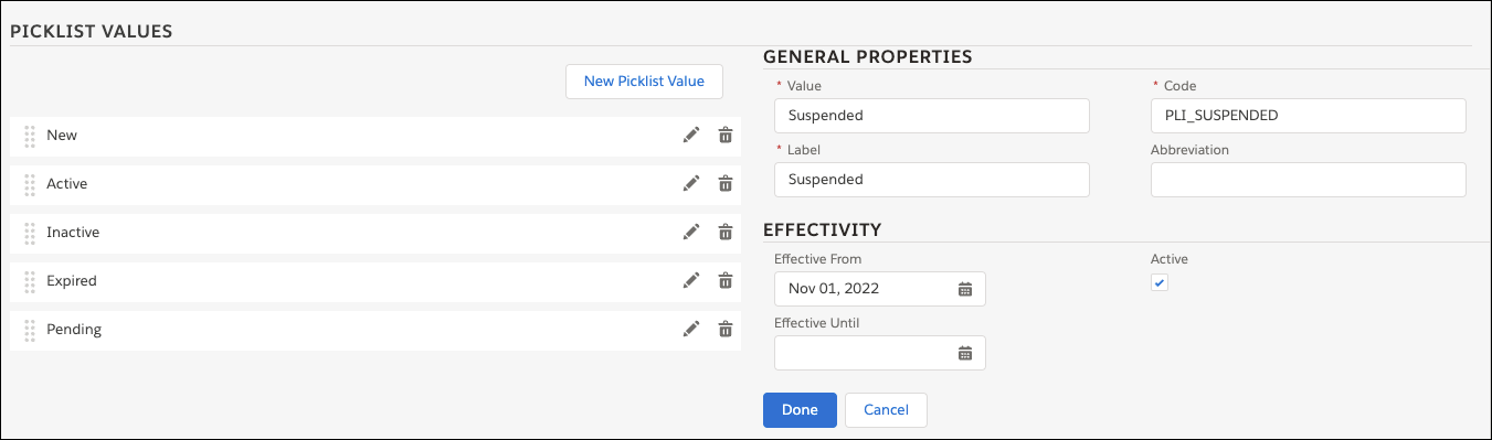Picklist values for the Account Status picklist.