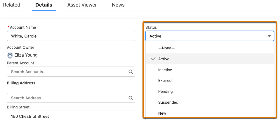 取引先 sObject の状況選択リストの値には Active (有効)、Inactive (無効)、Expired (期限切れ)、Pending (保留中)、Suspended (一時停止)、New (新規) があります。